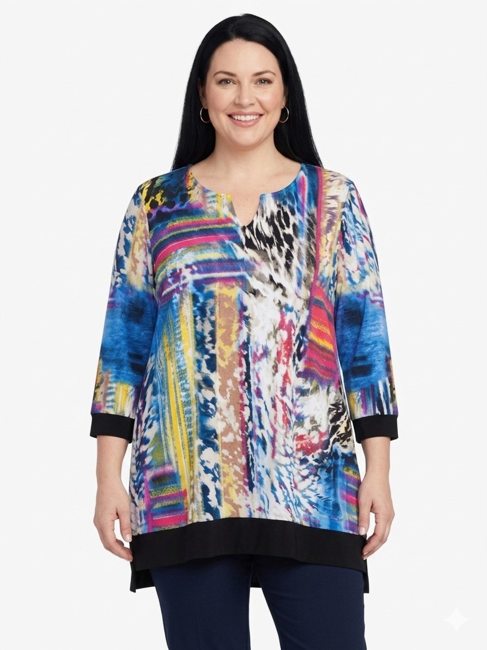 Renuar NWOT Multicolor Abstract Printed Tunic with Black Trim Stretchy Comfy